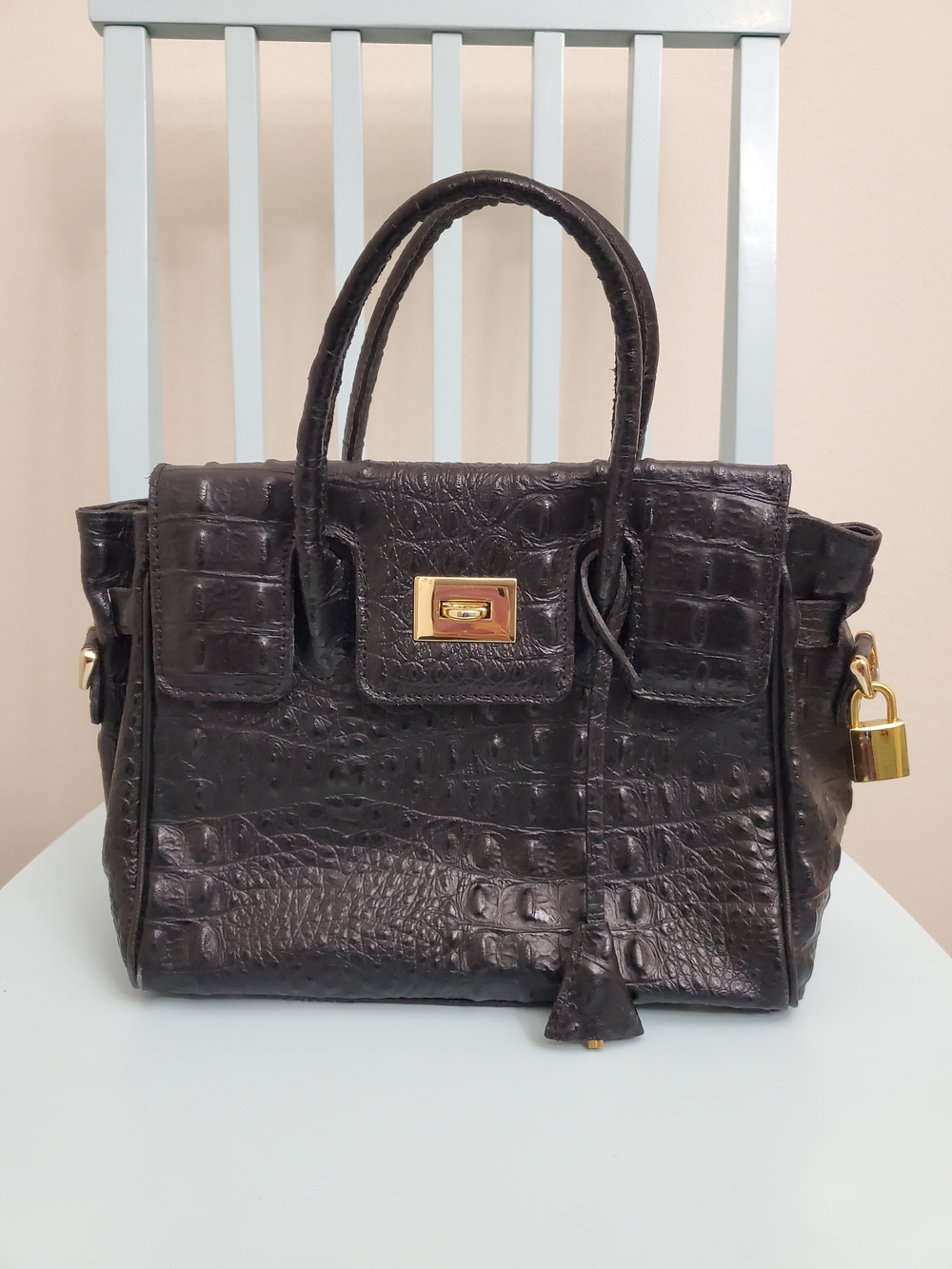Black Croc-Embossed Genuine France Leather Satchel Handbag Gold Hardware